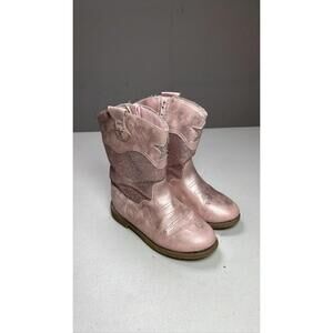Girls Pink Glitter Western Cowboy Boots Mid Calf Zip Up Stars